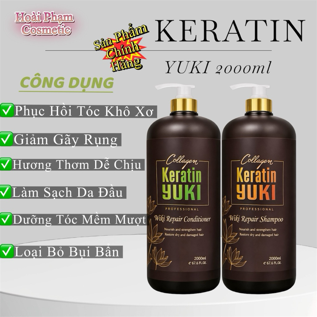 Combo Dầu Gội + Xả Keratin Yuki 800ml/ 2000ml – Phục Hồi Tóc Hư Tổn, Mềm Mượt, Lưu Hương 72H