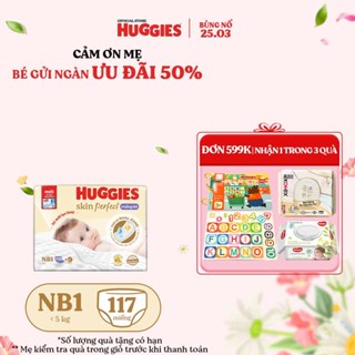 Miếng lót sơ sinh Huggies Skin Perfect NB1 108+6 miếng với 2 vùng thấm giảm kích ứng da
