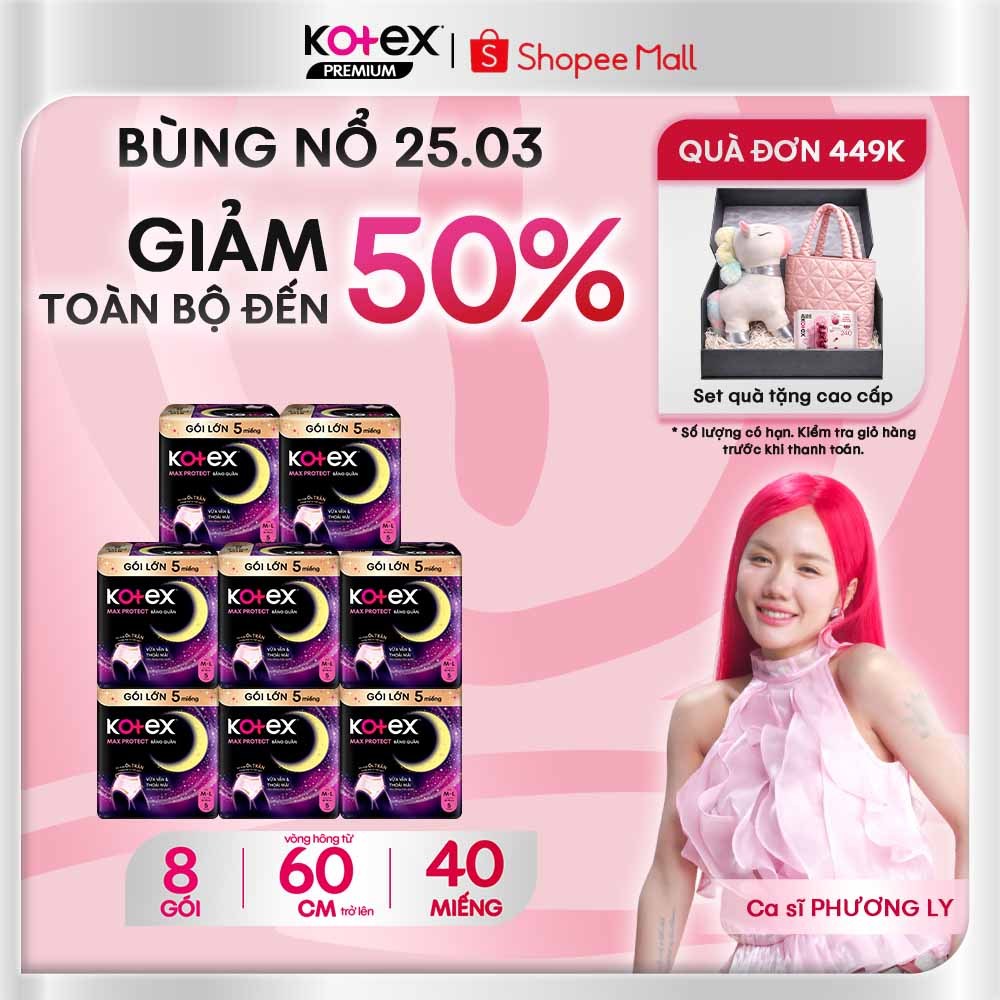 Combo 8 Gói  Băng Vệ Sinh Quần Kotex Ban Đêm Chống Tràn 2 Bên, Siêu Thoáng Khí, Siêu Mỏng 0.08cm Cỡ M/L 5 Miếng/Gói