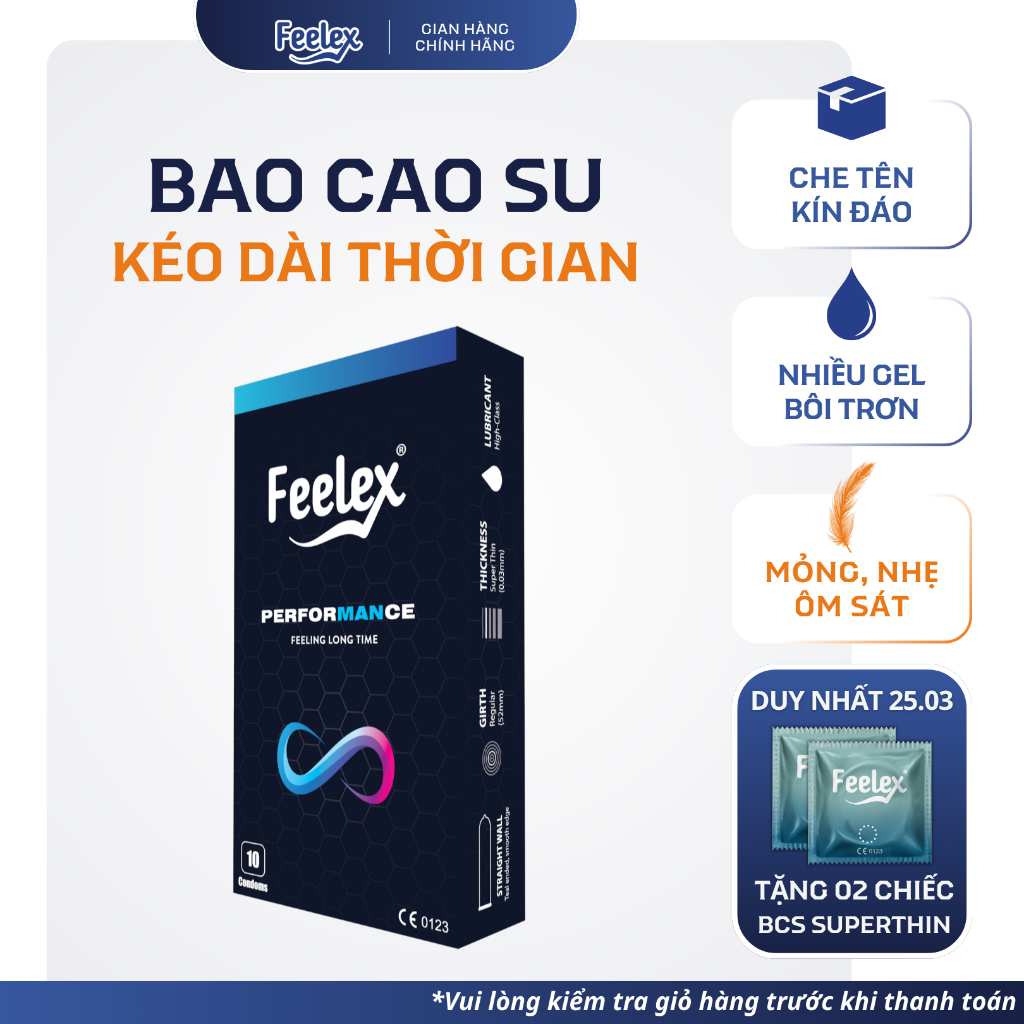 Bao cao su Feelex kéo dài thời gian, siêu mỏng, gân gai, nhiều gel bôi trơn - Hộp 10 bcs