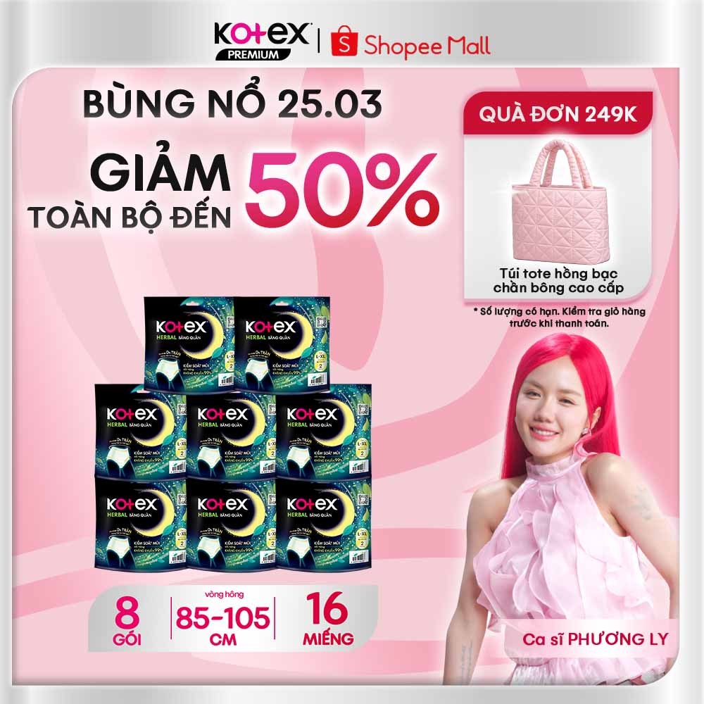 Combo 8 Gói Băng Vệ Sinh Quần Kotex Herbal Ban Đêm Thảo Dược, Kiểm Soát Mùi, Kháng Khuẩn, Chống Tràn Cỡ L/Xl 2 Miếng/Gói