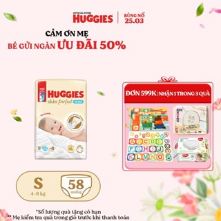 Tã/bỉm dán sơ sinh Huggies Skin Perfect S 54+4 miếng với 2 vùng thấm giảm kích ứng da