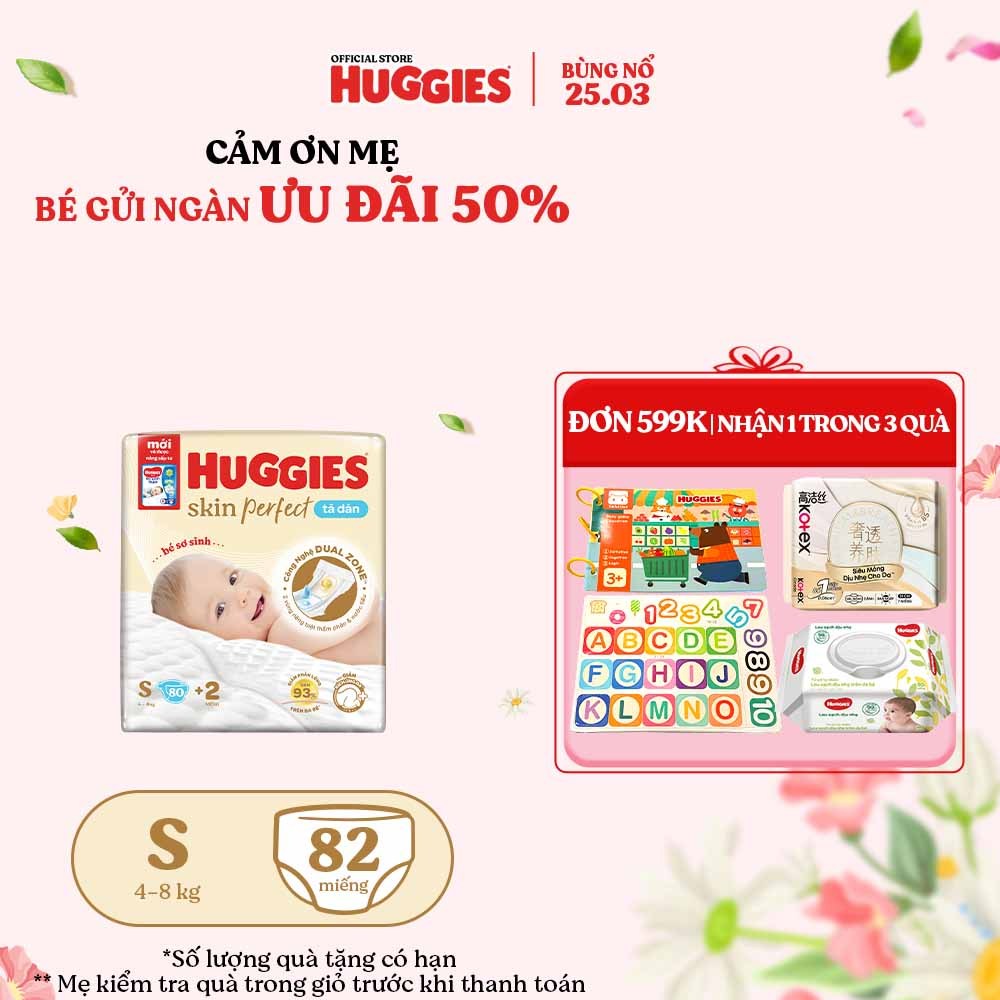 Tã/bỉm dán sơ sinh Huggies Skin Perfect S 80+2 miếng với 2 vùng thấm giảm kích ứng da