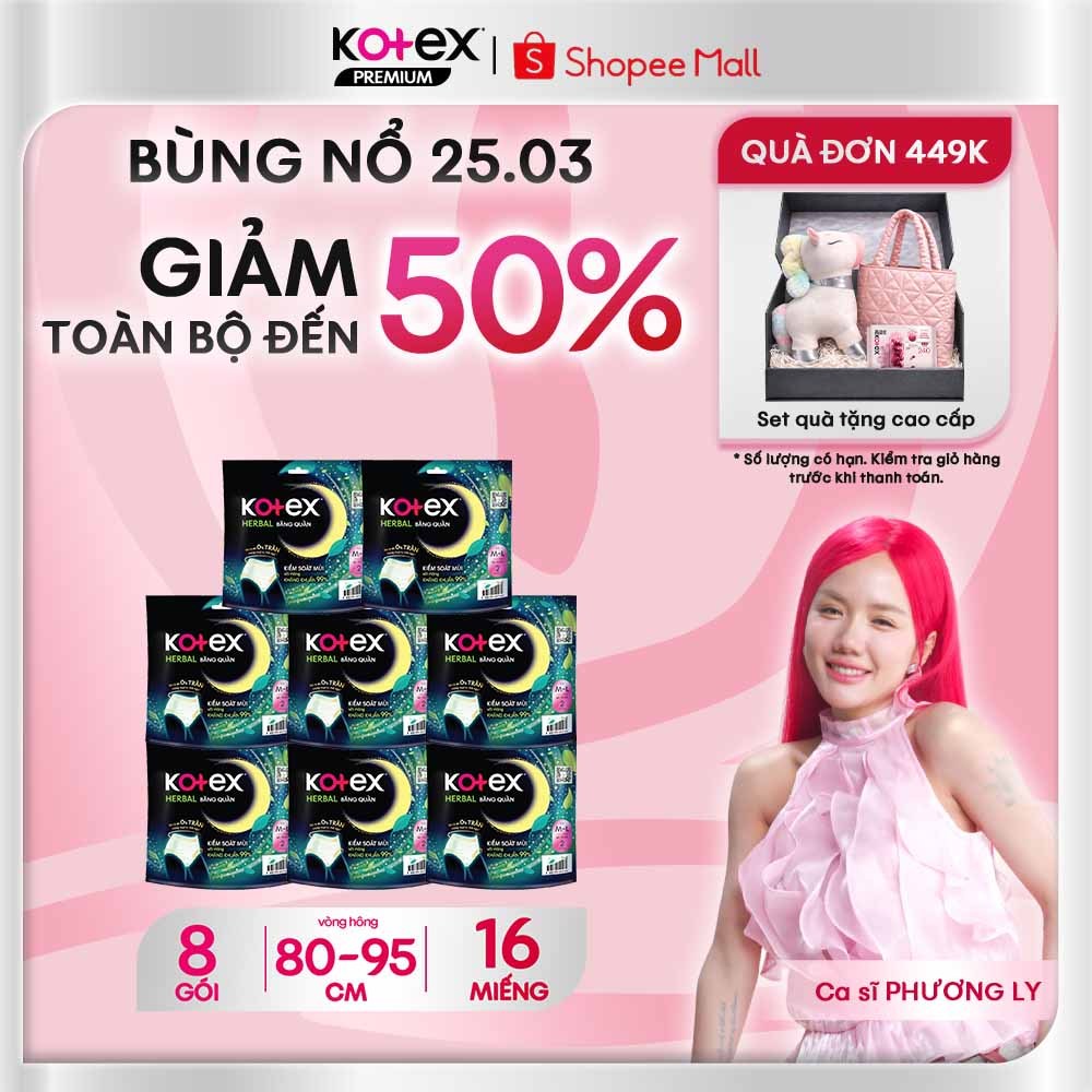 Combo 8 Gói Băng Vệ Sinh Quần Kotex Herbal Ban Đêm Thảo Dược, Kiểm Soát Mùi, Kháng Khuẩn, Chống Tràn Cỡ M/L 2 Miếng/Gói