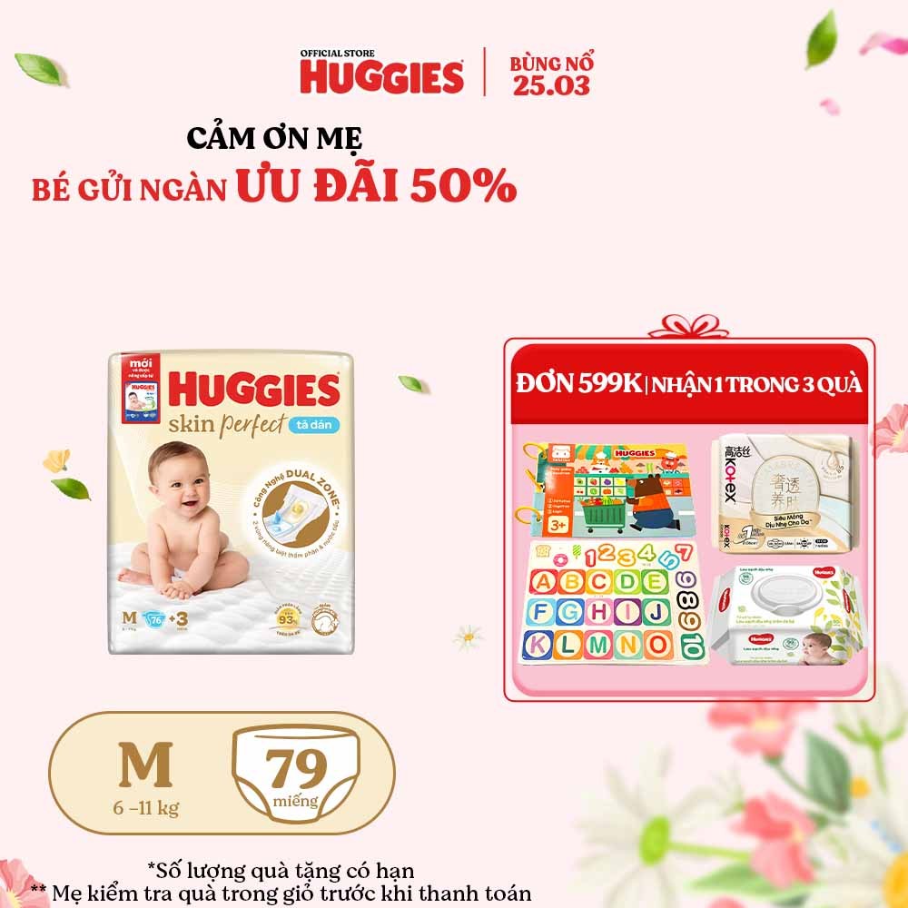 Tã/bỉm dán sơ sinh Huggies Skin Perfect M 76+3 miếng với 2 vùng thấm giảm kích ứng da