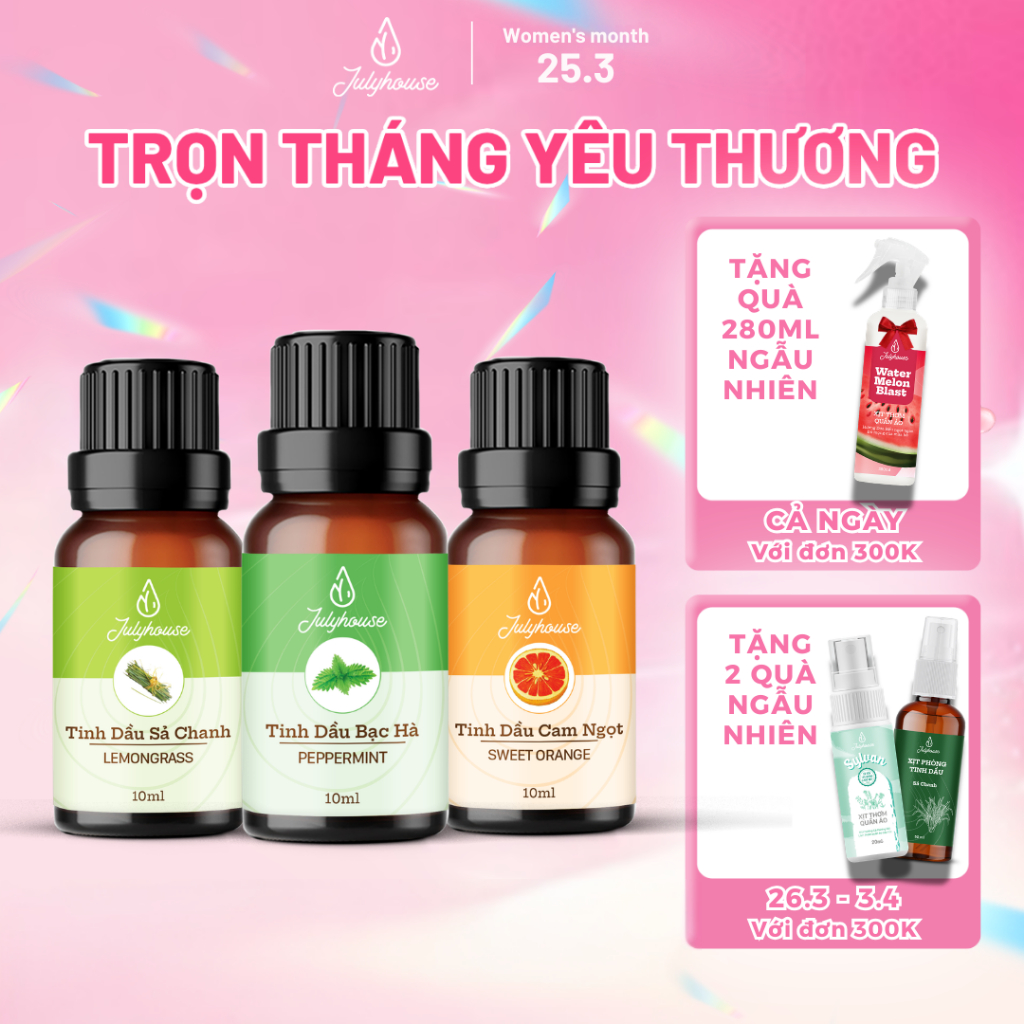 Tinh dầu thiên nhiên JULYHOUSE 10ml chiết xuất từ Sả Chanh, Bạc Hà, Vỏ Cam, Sả Dịu, Sả Java, Quế khử mùi