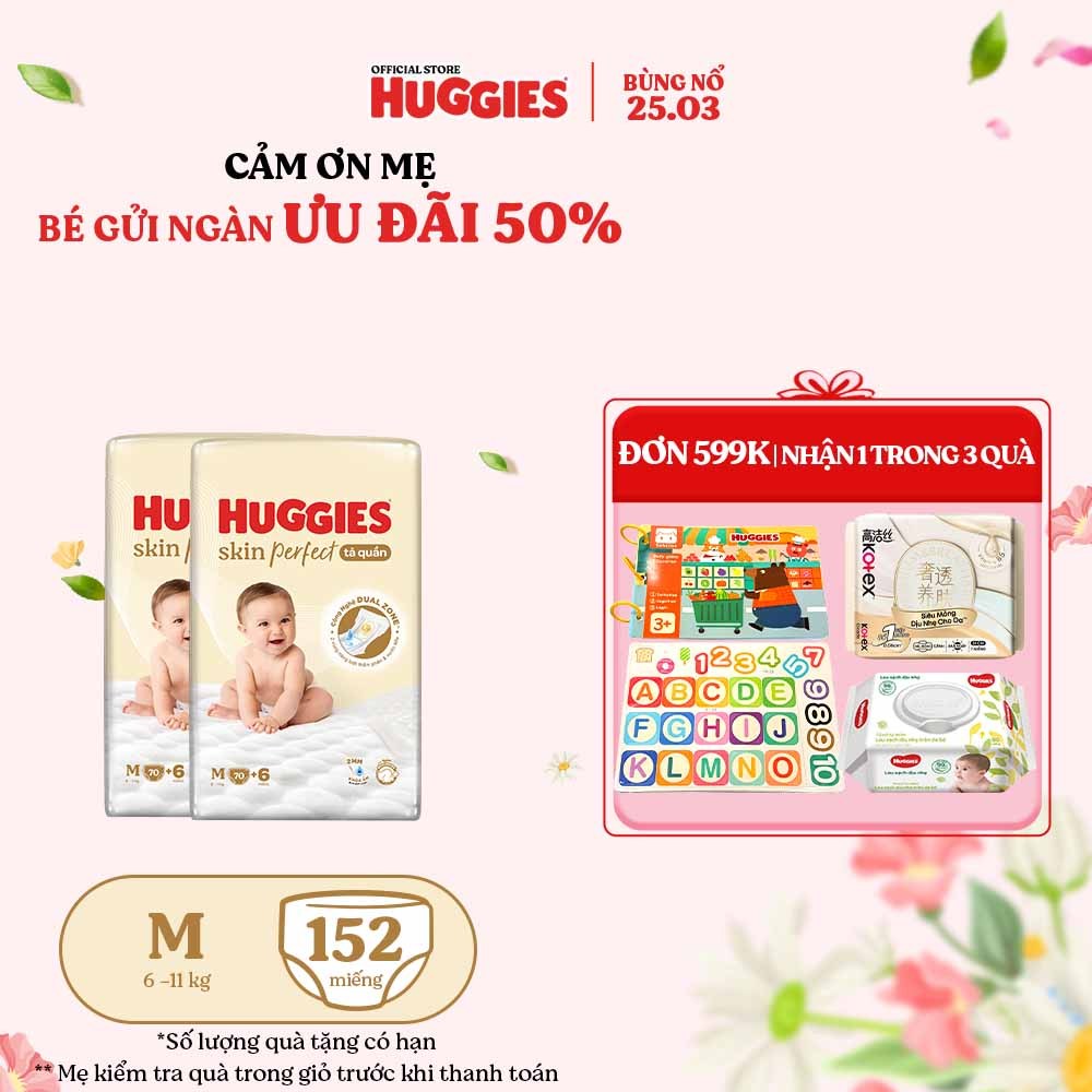 Combo 2 Tã quần Huggies Skin Perfect Super Jumbo M70+2/ L60+2/ XL52+6/ XXL48+6 miếng với 2 vùng thấm giảm kích ứng da