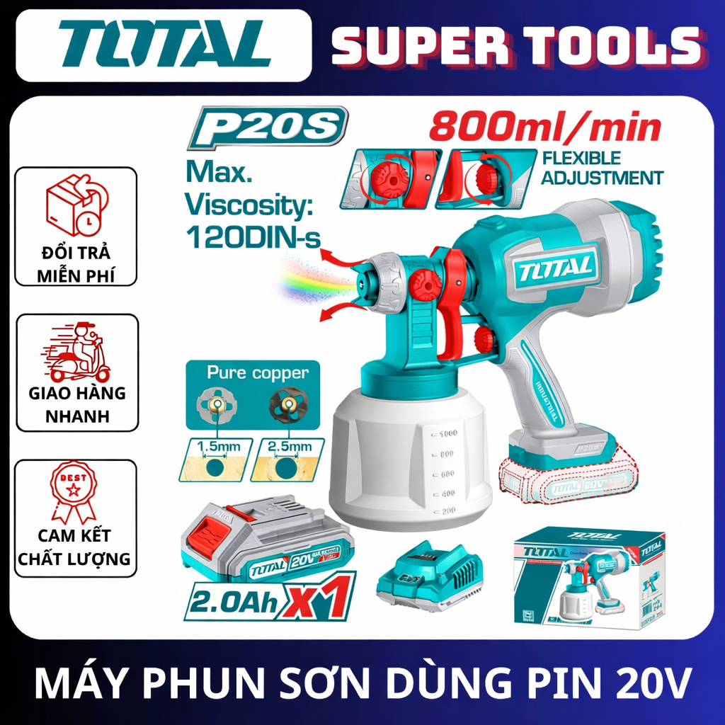 TOTAL Máy phun sơn dùng pin 20V TSGLI2003, TSGLI2004, TSGLI20042