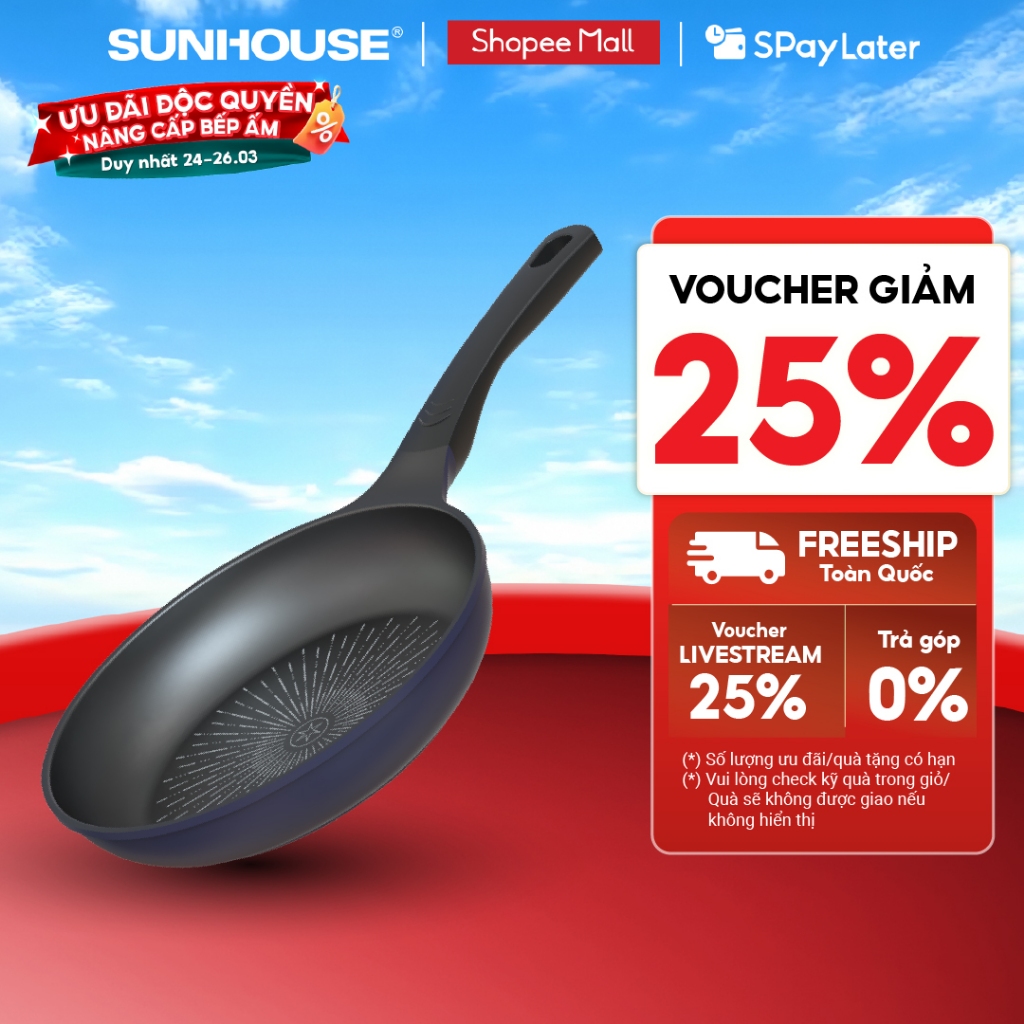 [NEW] Chảo chống dính siêu bền KHÔNG TỪ Sunhouse SBD20-24-26-28-30B - Chống dính 2 lớp - Vân đá truyền nhiệt