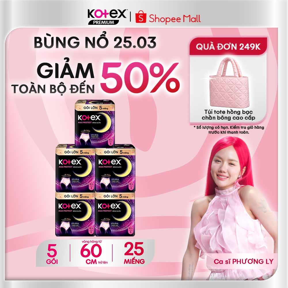 Combo 5 Gói Băng Vệ Sinh Quần Kotex Ban Đêm Chống Tràn 2 Bên, Siêu Thoáng Khí, Siêu Mỏng 0.08cm  Cỡ M/L 5 Miếng/Gói