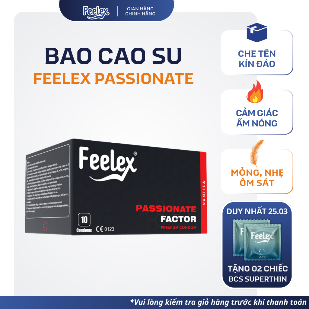 Bao cao su Feelex Passionate Factor siêu mỏng, truyền nhiệt, cảm giác chân thật, hộp 10 bcs