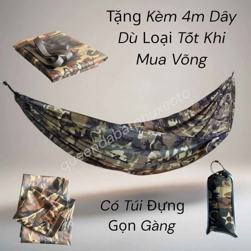 (HOẢ TỐC HCM) Võng Dù Bông Thái 2 Lớp, Võng Dù Rằn Ri 2 Lớp, Võng Dù 2 Lớp Siêu Mát Tặng Kèm 4m Dây 