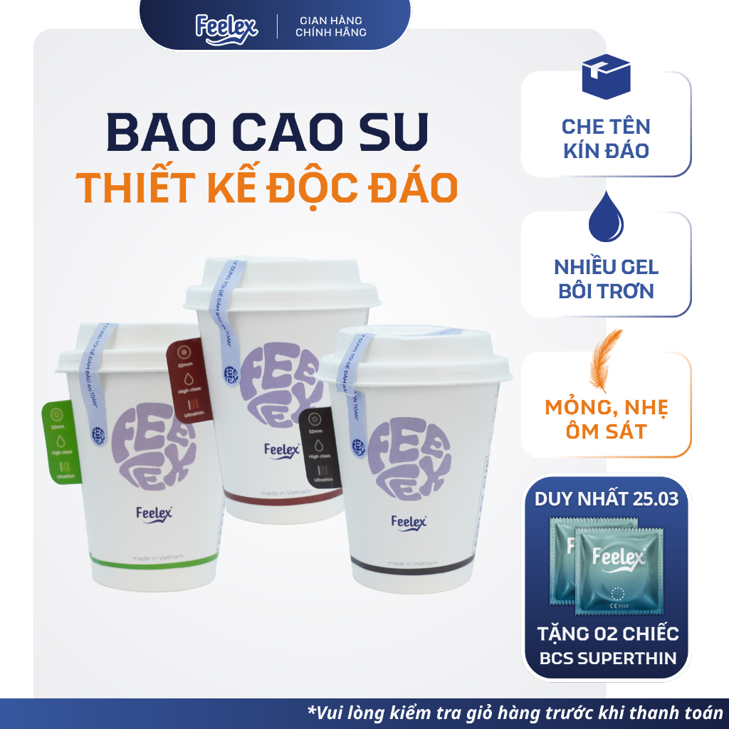 Bao cao su Feelex Cup dạng cốc độc lạ siêu mỏng, hương Matcha, Coffee, Chocolate Milk, nhiều gel bôi trơn - hộp 10 bcs