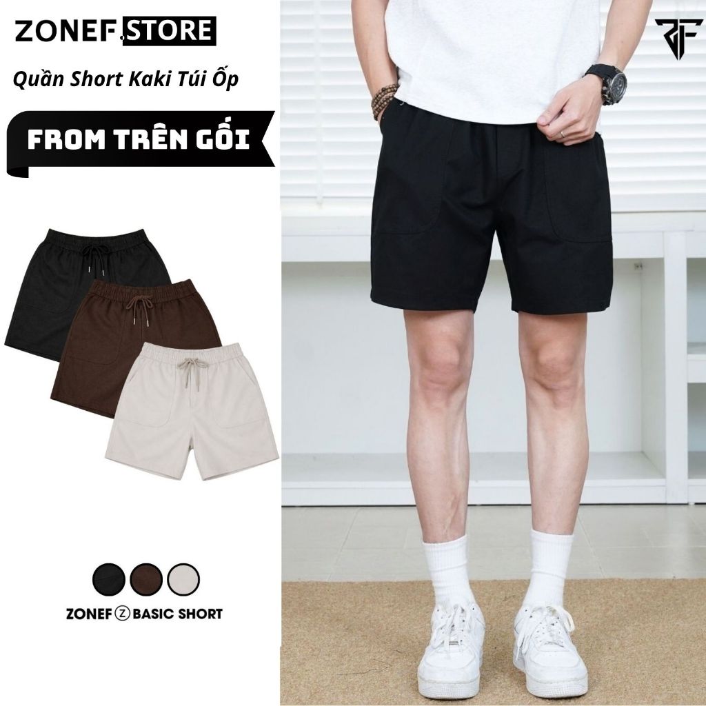 Quần Short Kaki Phối Túi Ốp Cạp Chun ZONEF CLUB Form Trên Gối, Quần Short Nam Nữ Unisex Chất Liệu Ka