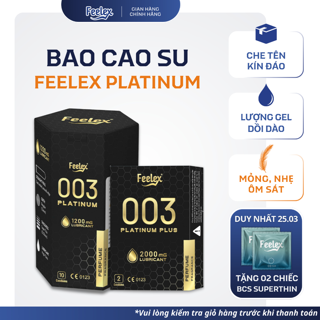 Bao cao su Feelex Platinum cao cấp, nhiều gel bôi trơn - hộp 10 chiếc