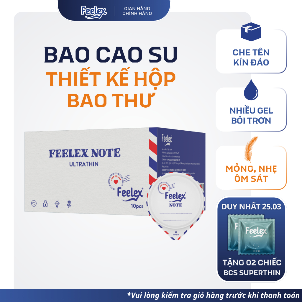Bao cao su Feelex Note gửi gắm yêu thương, thiết kế hộp bao thư kèm bút, siêu mỏng, nhiều gel bôi trơn - hộp 10 chiếc
