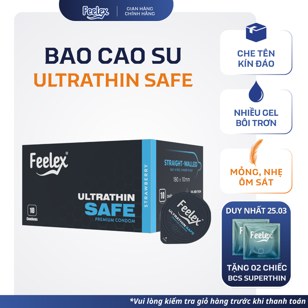 Bao cao su Feelex Ultrathin Safe siêu mỏng, nhiều gel bôi trơn, hỗ trợ phòng tránh thai - Hộp 10 bcs