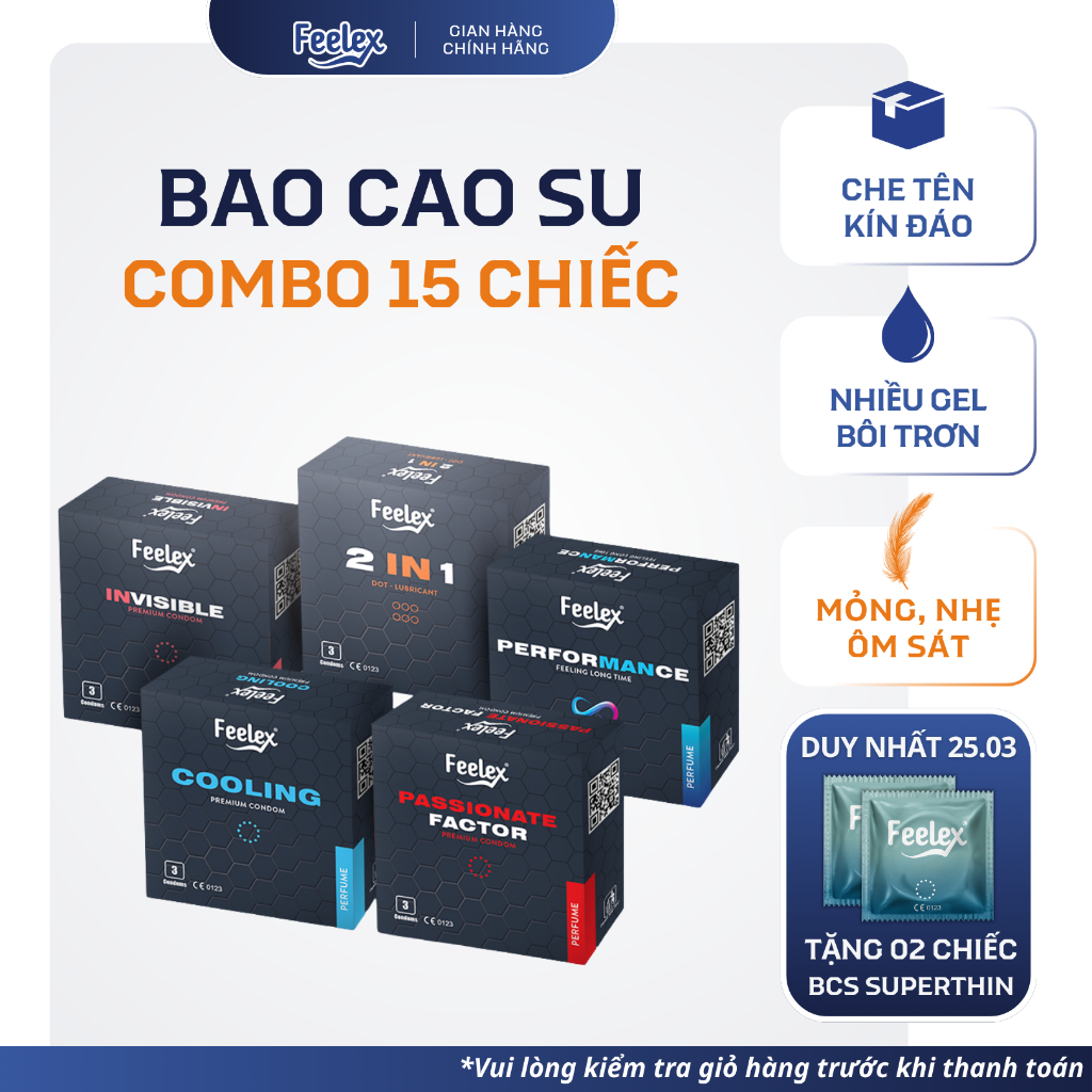 Combo 5 hộp bao cao su Feelex siêu mỏng, nhiều gel bôi trơn - 15 chiếc bcs