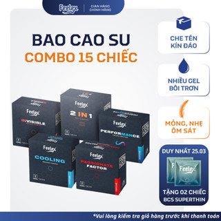 Combo 5 hộp bao cao su Feelex siêu mỏng, nhiều gel bôi trơn - 15 chiếc bcs
