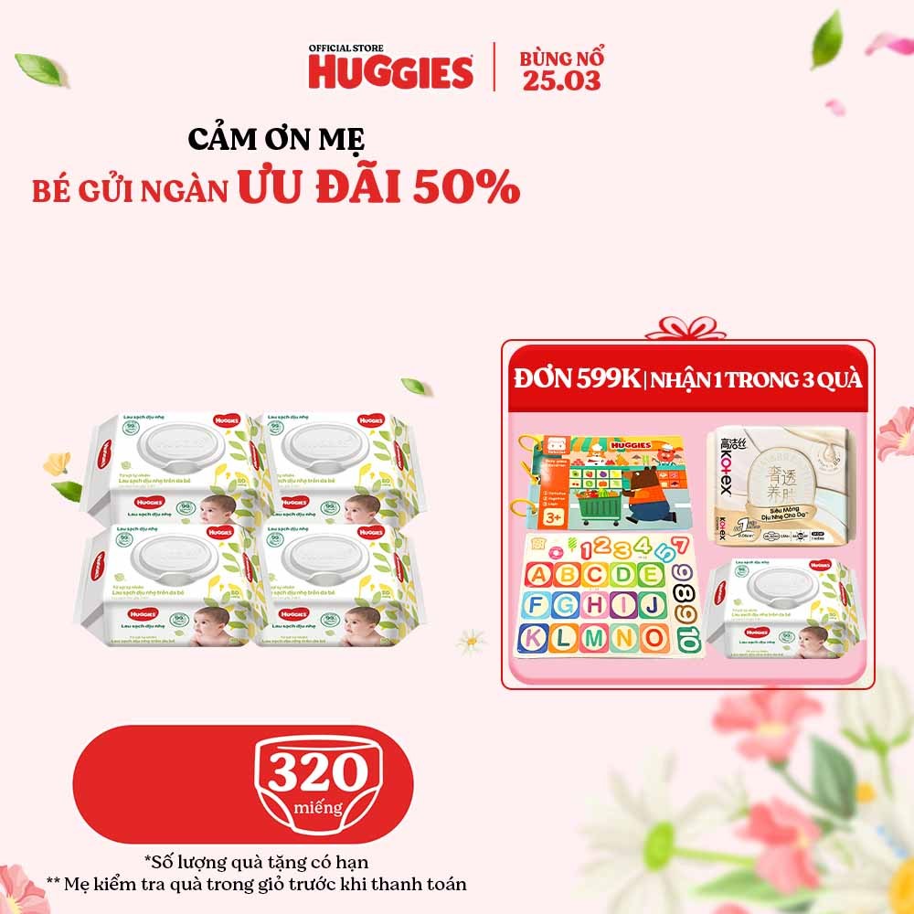 Combo 4 gói Khăn ướt Huggies không mùi (80 miếng/gói)