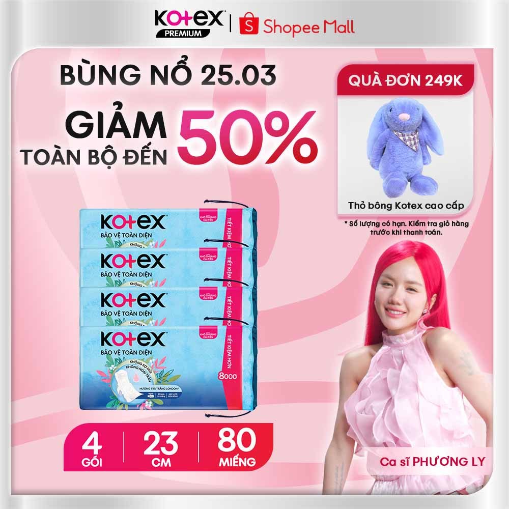 [KOL LIVE] Lốc 4 băng vệ sinh Kotex Bảo Vệ Toàn Diện 23cm Maxi Cánh 20x16