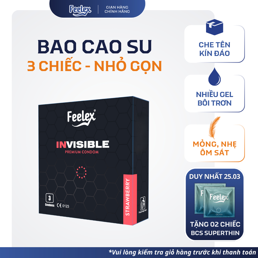 Bao cao su Feelex Invisible siêu mỏng, nhiều gel bôi trơn, hương dâu, nhỏ gọn - hộp 03 chiếc