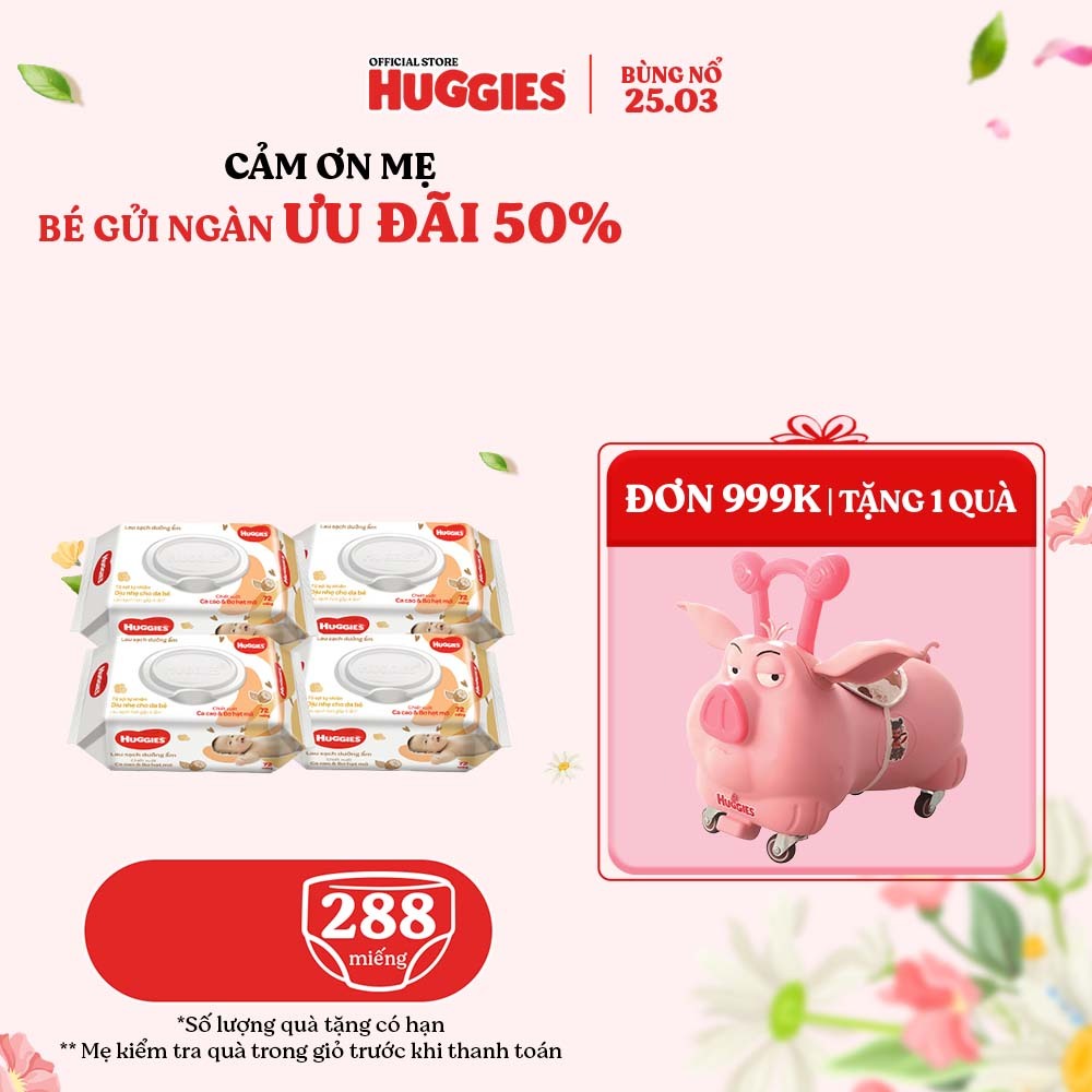 Combo 4 gói Khăn ướt Huggies chiết xuất Cao cao và Bơ hạt mỡ (72 miếng/gói)