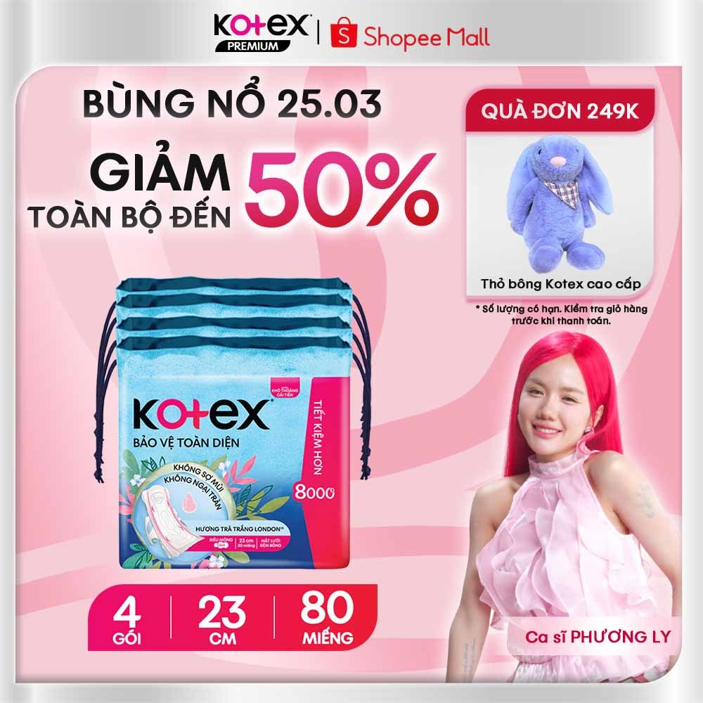 [KOL LIVE] Lốc 4 băng vệ sinh Kotex Bảo Vệ Toàn Diện 23cm Siêu Mỏng Cánh 20x16