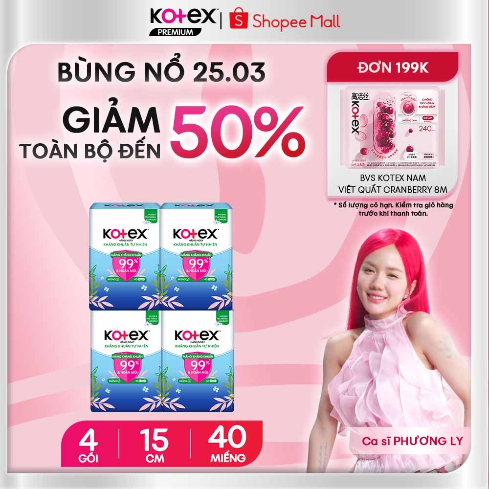 [KOL LIVE] Lốc 4 băng vệ sinh Kotex Hàng ngày Kháng Khuẩn Tự Nhiên 15cm 40x24