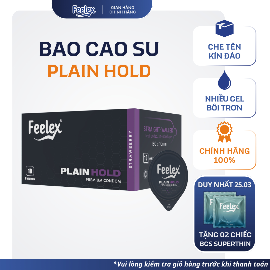 Bao cao su Feelex Plain Hold an toàn, bền bỉ, nhiều gel bôi trơn, hương dâu - hộp 10 bcs