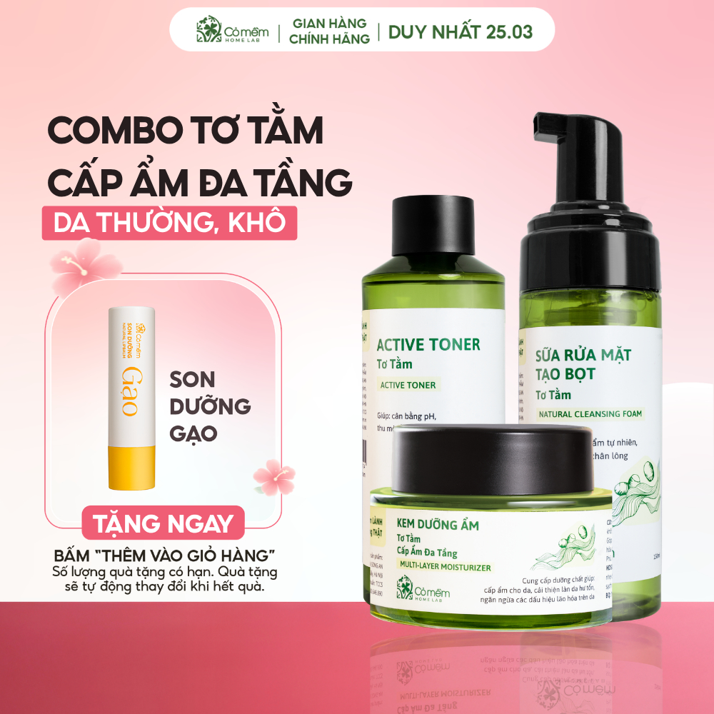 Bộ Chăm Sóc Da 3 Bước Sữa Rửa Mặt Toner Kem Dưỡng Tơ Tằm Dưỡng Ẩm Da Cỏ Mềm