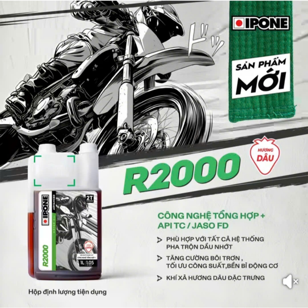 IPONE Nhớt 2T R2000 Hương Dâu Công Nghệ Tổng Hợp 1L - Dầu Nhớt 2 Thì Cao Cấp JASO FD & API TC