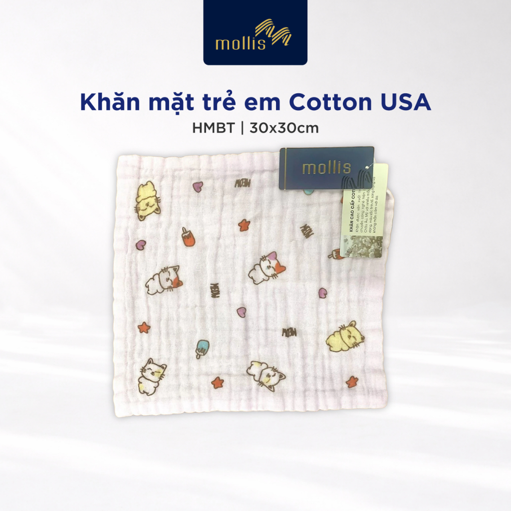 Khăn mặt trẻ em HMBT 30x30cm Mollis 100% Cotton USA Nhún mềm mại thấm hút tốt in hình dễ thương cho 