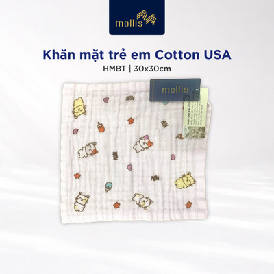 Khăn mặt trẻ em HMBT 30x30cm Mollis 100% Cotton USA Nhún mềm mại thấm hút tốt in hình dễ thương cho bé yêu