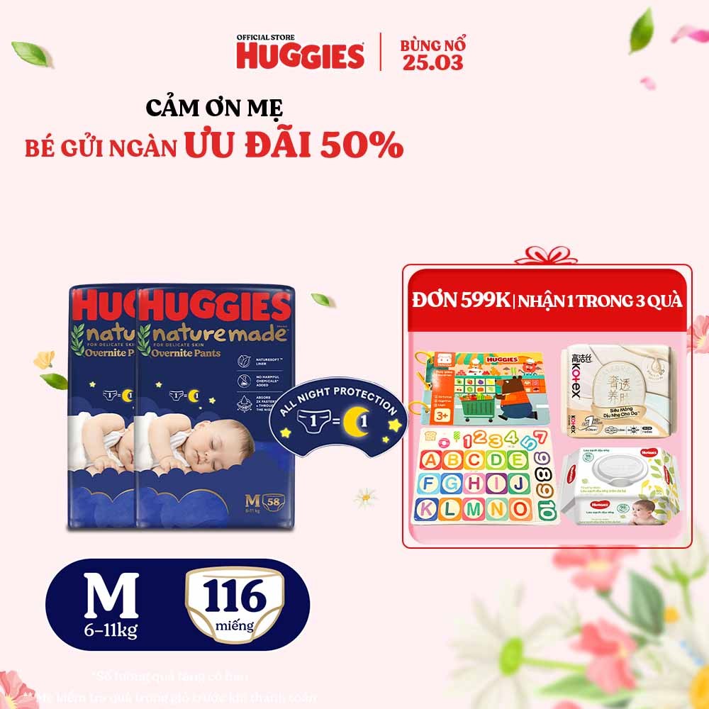 [KOL LIVE] Combo 2 Tã quần Huggies Nature Made ban đêm M58/L44/XL38/XXL26