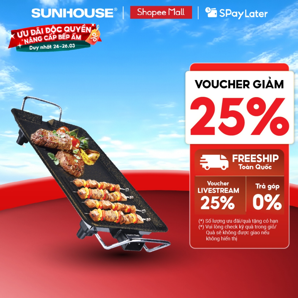 Bếp nướng điện SUNHOUSE Happy Time HTD4606 - Mặt chống dính - ĐIều chỉnh núm xoay - Bảo hành 12 tháng
