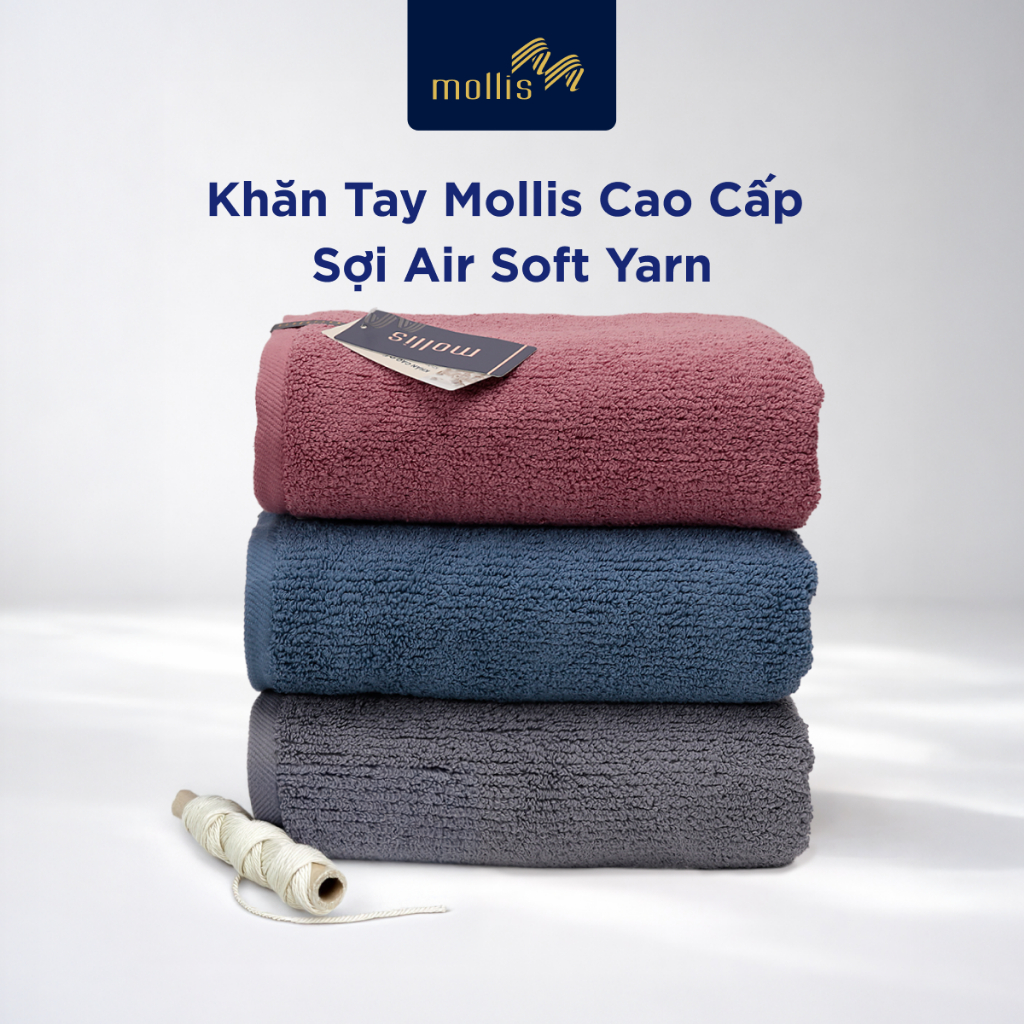 Khăn tay Mollis cao cấp sợi Air Soft Yarn ít rụng bông, thấm hút tốt khô nhanh vượt trội cho người l