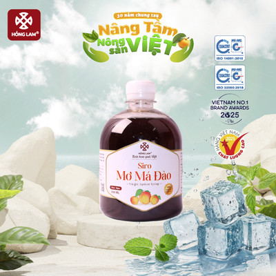 Siro mơ má đào Hồng Lam chai (500ml và 1000ml). Có vị chua, ngọt
