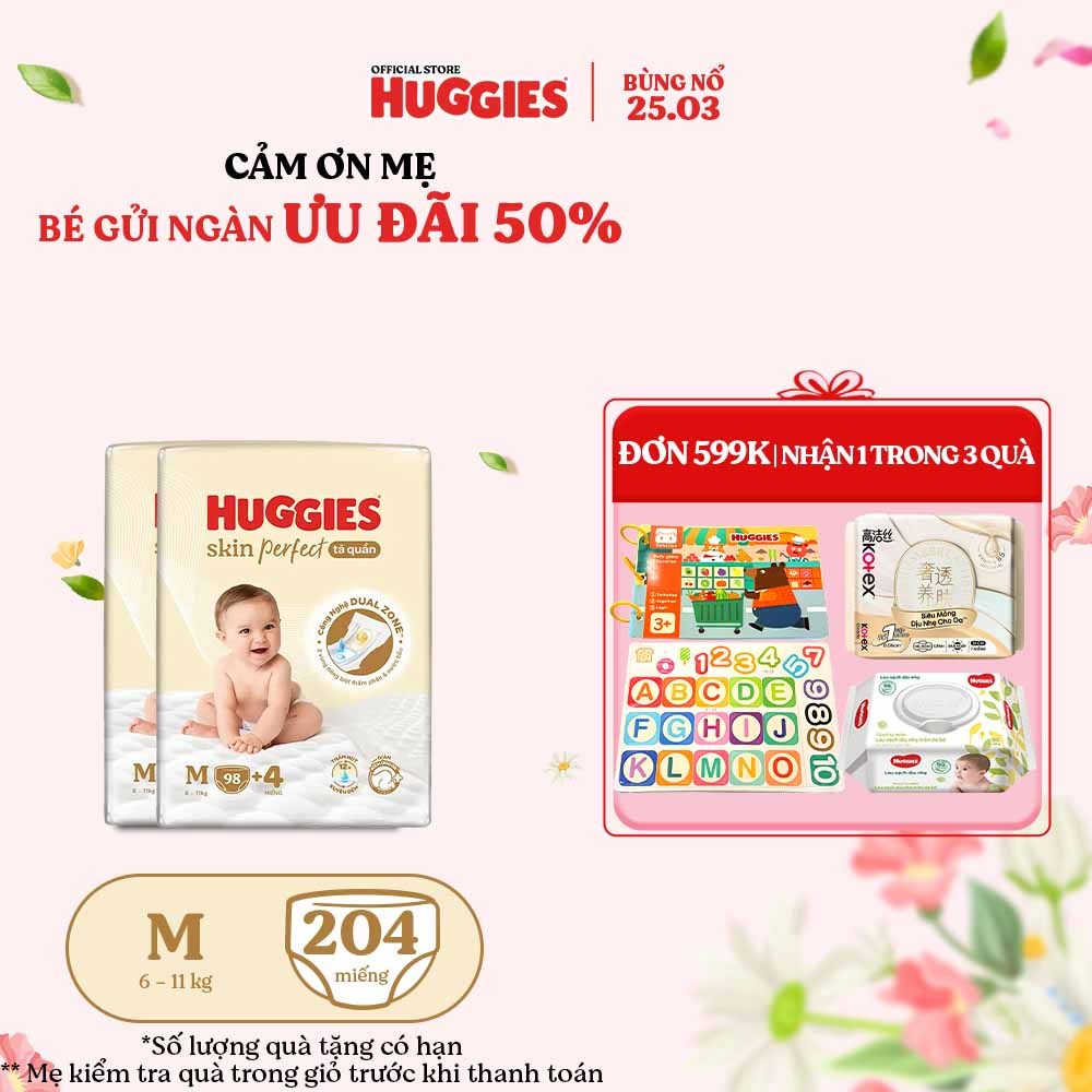 [KOL LIVE] Combo 2 Tã quần Huggies Skin Perfect Mega Jumbo M98+4/ L88+4/XL72+4/XXL64+4 với 2 vùng th