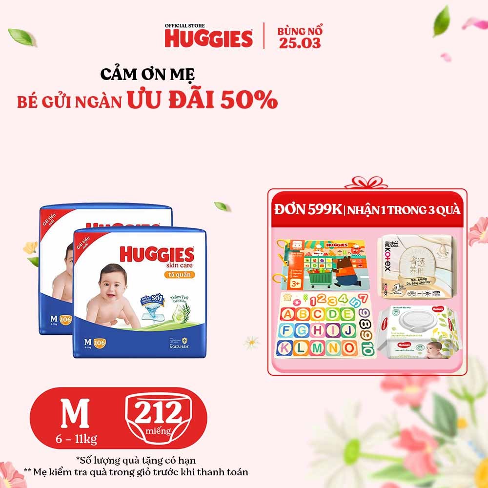 [KOL LIVE] Combo 2 Tã quần Huggies Skincare Mega Jumbo M106/L96+8/XL84+4/XXL76+4