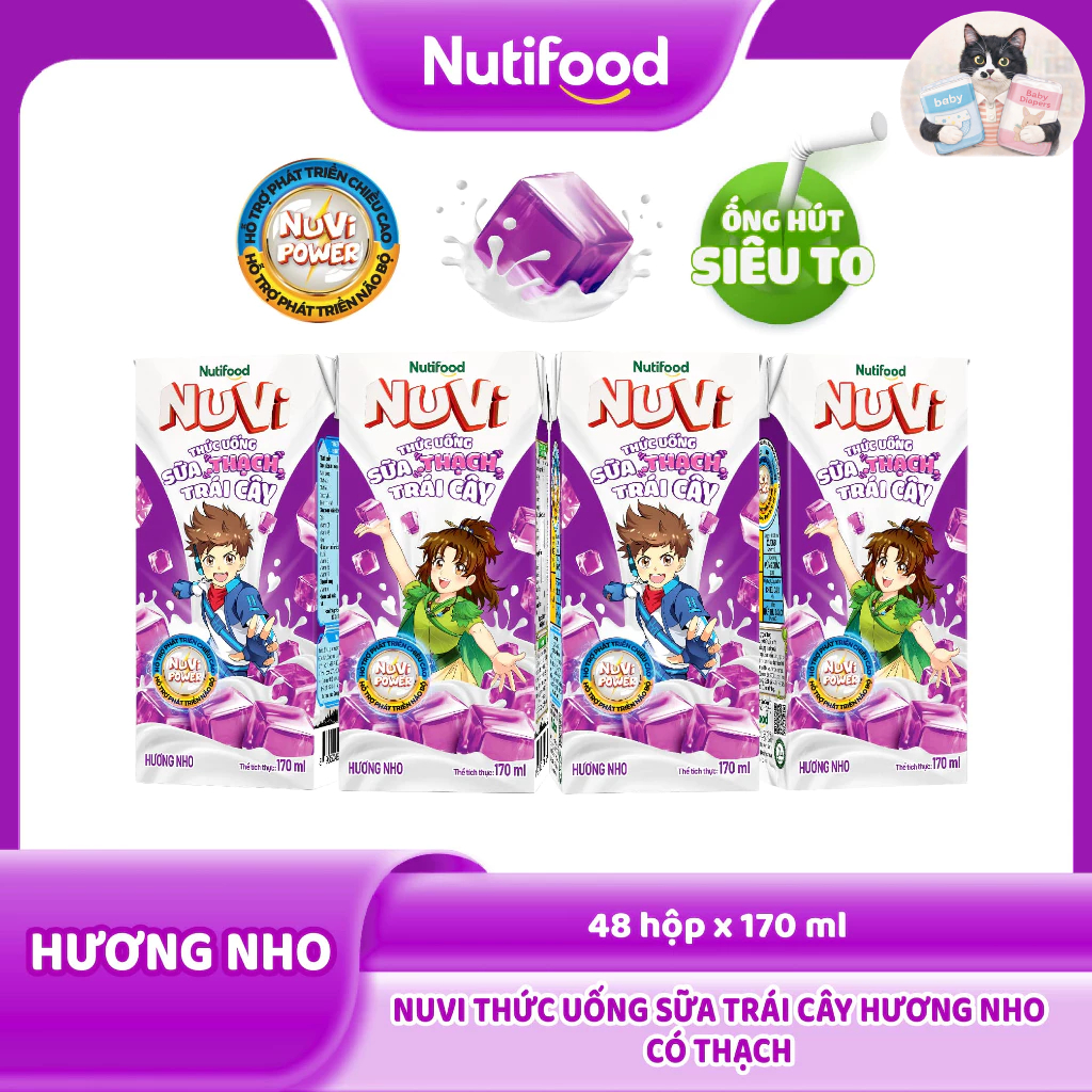 Thùng 48 Hộp Thức Uống Sữa Trái Cây Có Thạch NuVi Hương Nho 170ml