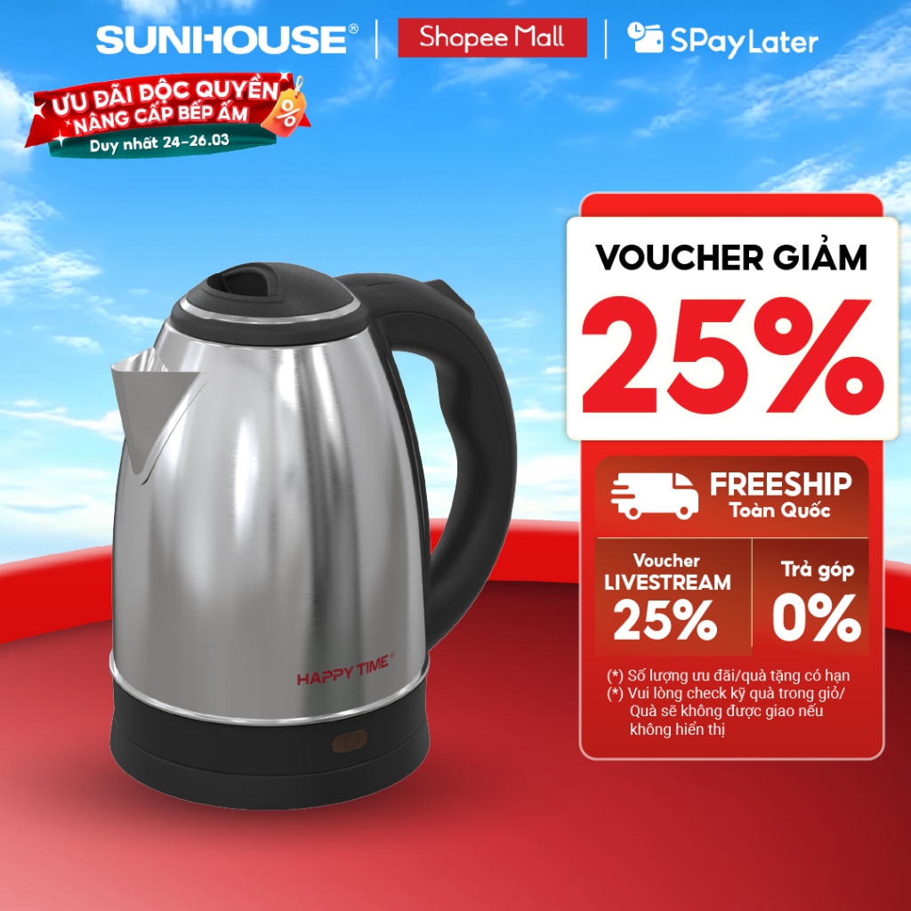 Ấm siêu tốc Inox 1.8L SUNHOUSE Happy Time HTD1021 - Hàng chính hãng - Bảo hành 12 tháng