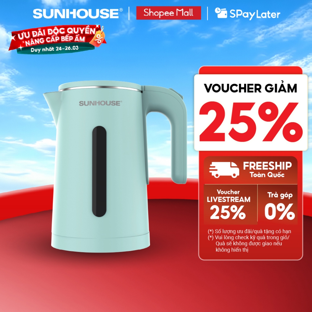 Ấm siêu tốc Inox 304 1.8L SUNHOUSE SHD1351/SHD1353 - Thân ấm 2 lớp - Vỏ nhựa PP chống bỏng - Tự động tắt khi nước sôi