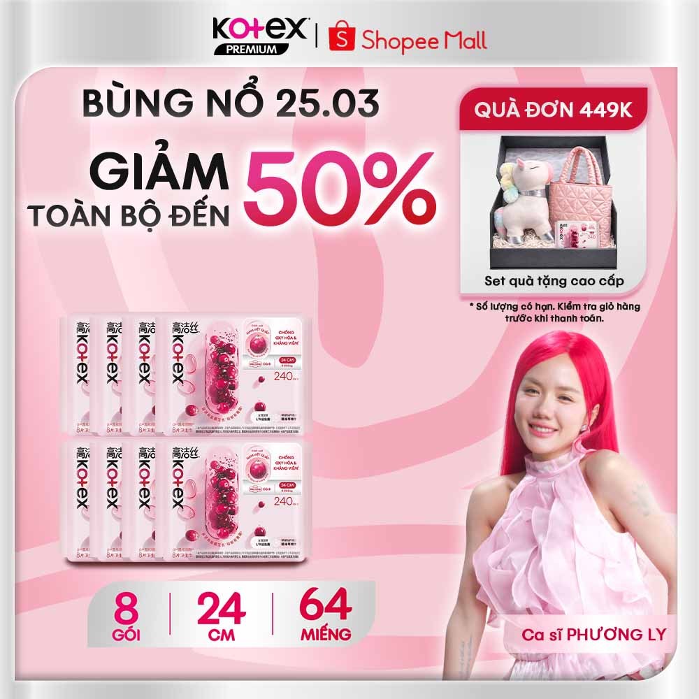 Combo 8 băng vệ sinh Kotex Cranberry Nam Việt Quất Kháng Viêm, Chống Oxy Hóa, Siêu Mỏng Cánh 24cm 8 miếng/gói