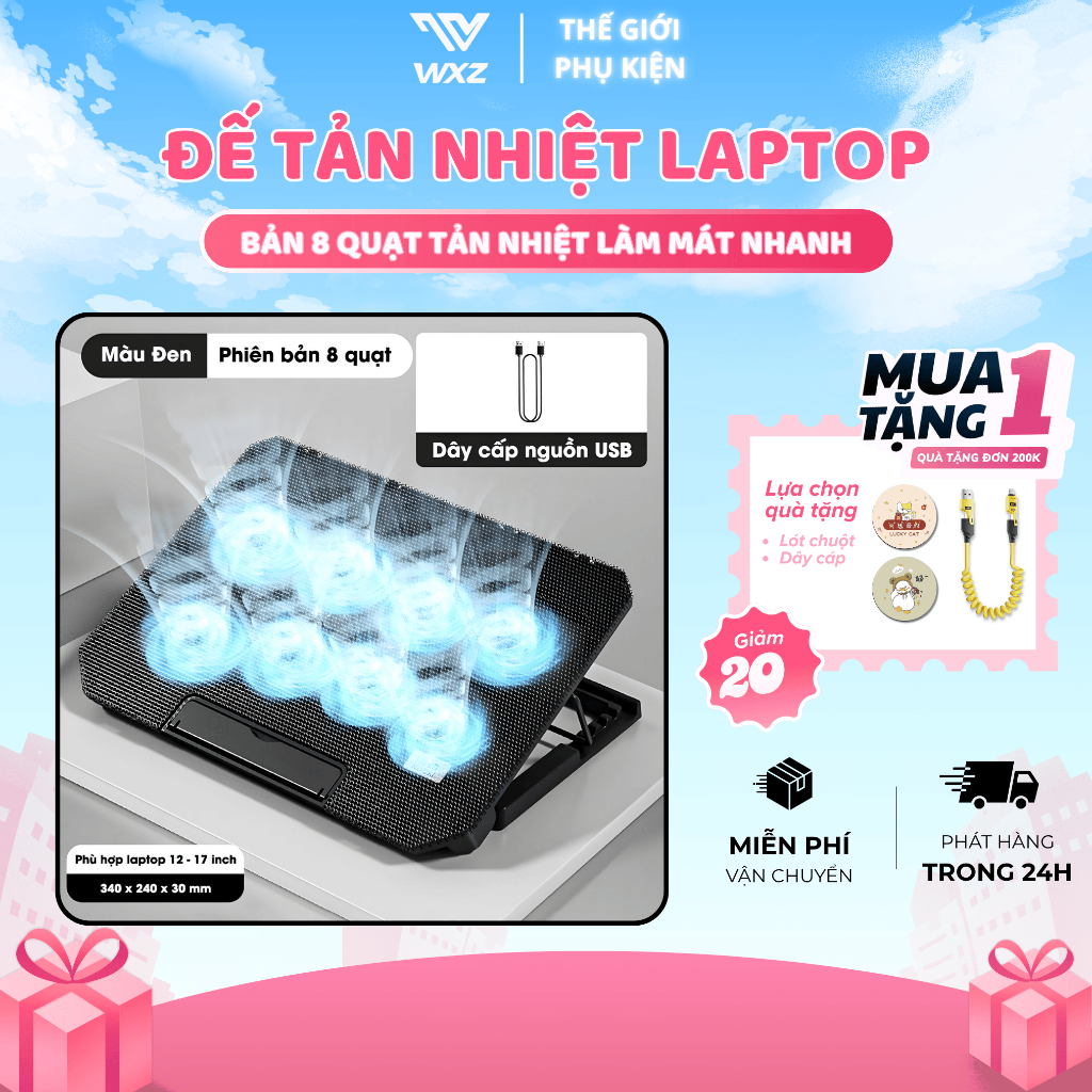 Giá Đỡ Laptop Tản Nhiệt Q100 Tích Hợp 8 Quạt Làm Mát, Điều Chỉnh 4 Cấp Độ Dùng Cho Laptop 12–17 Inch