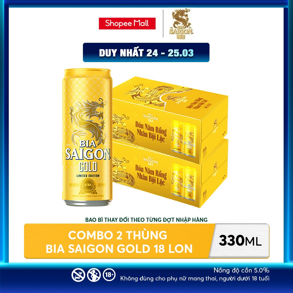 Nồng Độ Cồn 5.0% - Combo 2 Thùng 18 Lon Bia Sài Gòn Gold 330ml