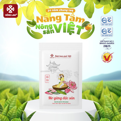 Ô mai (xí muội) mơ gừng đặc sản Hồng Lam túi 80gram. Có vị chua, mặn, ngọt dẻo gừng