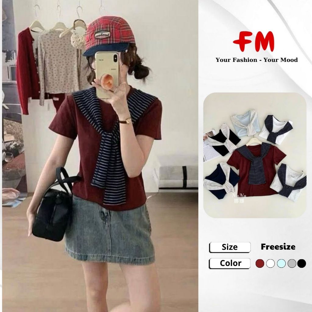 Áo Thun Nữ Croptop FMSTYLE - Áo Phông Cộc Tay Dáng Ôm Phối Khăn Choàng Năng Động Hàn Quốc 26030279