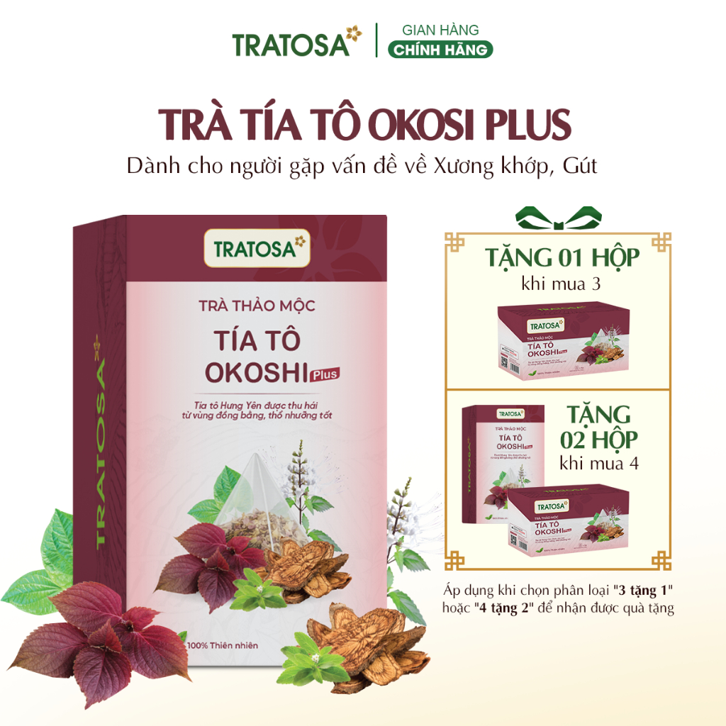 Trà tía tô okoshi plus Hưng Yên TRATOSA 8 vị thảo dược tốt cho xương khớp, gout, lành tính, an toàn
