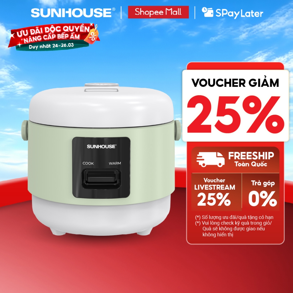 Nồi cơm điện 0.8L Sunhouse SHD8200 - Giữ ấm tới 8 tiếng - Chống dính 2 lớp Flead an toàn